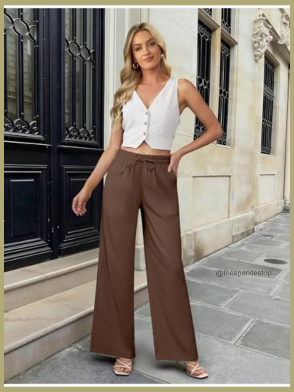 Linen Wide Leg Pants, High Waisted Flowy Palazzo with Pockets Drawstring - Picture 3 of 7